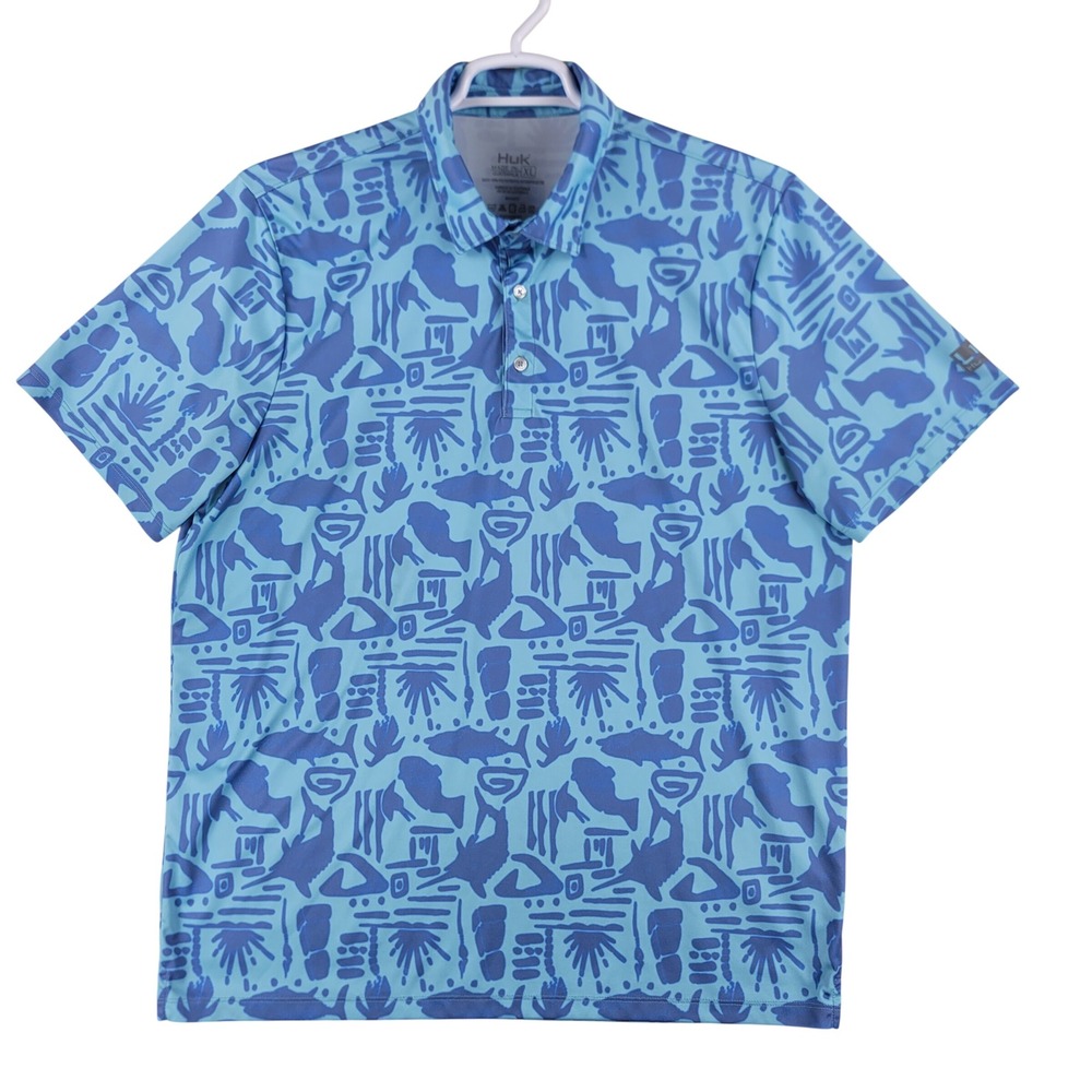 Huk Performance Fishing Polo Shirt Mens XL Blue Graphic Print Short Sleeve